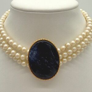 Vintage Faux Pearl Necklace Lapis Look Cabochon Multi Strand Statement